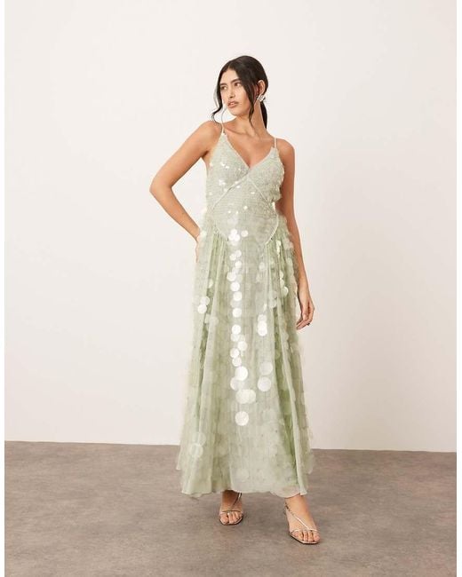 Vestito Midi Con Spalline Sottili E Gonna A Ruota Schiuma Marina Decorato Con Paillettes di ARRANGE in Natural