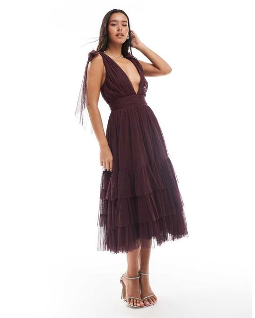 LACE & BEADS Red Bridesmaid Tulle Bow Shoulder V Neck Midi Dress