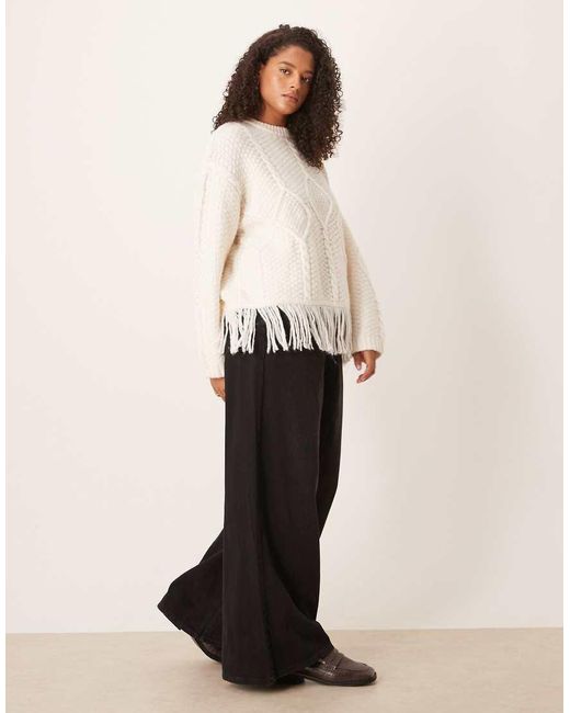ASOS Natural Asos Design Curve Cable Knit Crew Neck Fringe Jumper