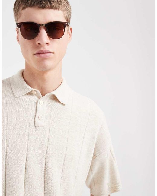 ASOS Natural Oversized Knitted Rib Short Sleeve Polo for men