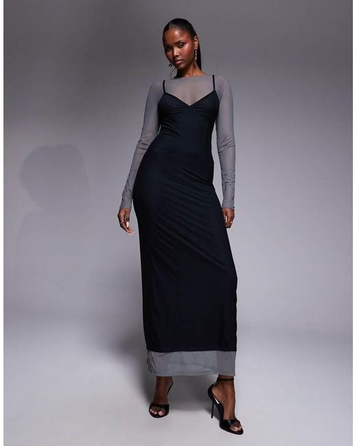 ASOS Blue Mesh Double Layer Corset Maxi Dress With Seaming Detail