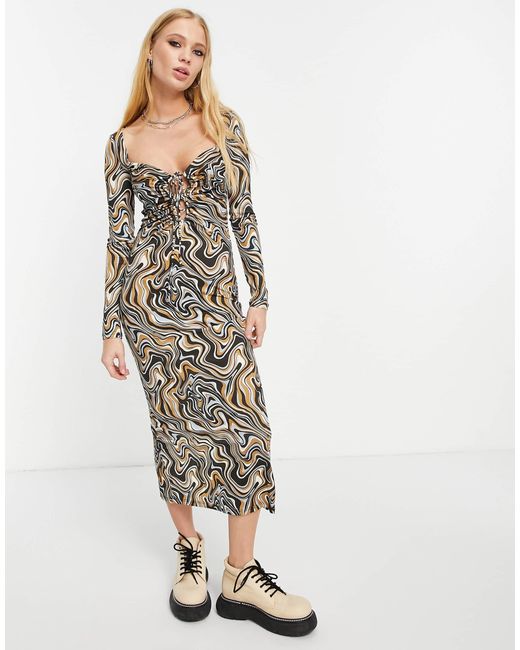 Bershka White Retro Print Loop Front Cut Out Detail Midi Dress