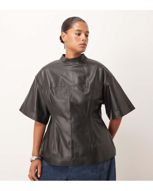 ARRANGE Gray Curve Soft Leather High Neck Top With Nipped