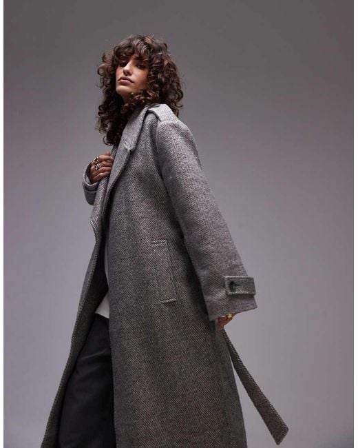 TOPSHOP Gray Longline Herringbone Oversized Coat