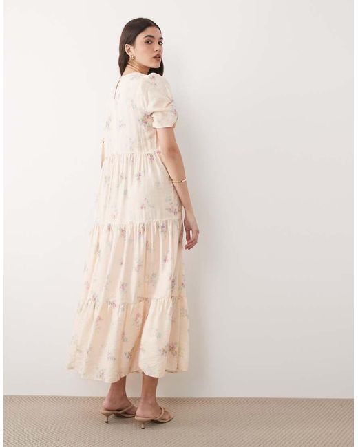 Nobody's Child Natural Hudson Round Neck Puff Sleeve Tiered Midi Dress