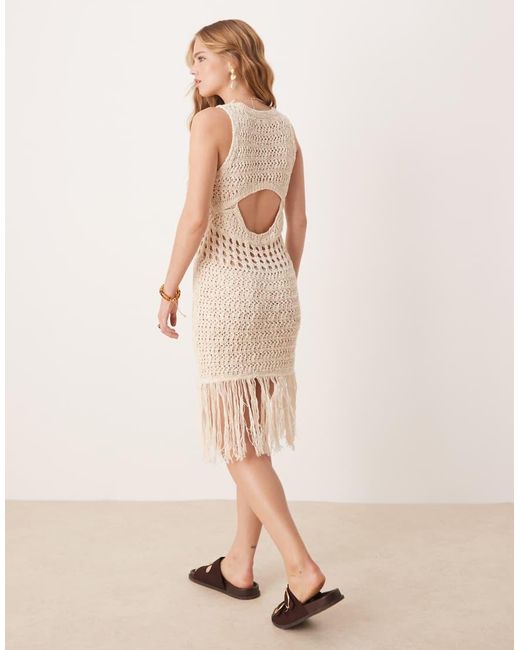 ASOS Natural Knitted Stitch Crochet Mini Dress With Fringe Detail