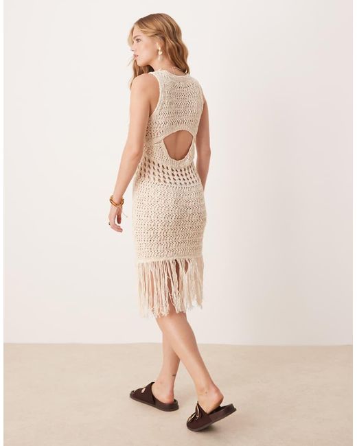 ASOS Natural Knitted Stitch Crochet Mini Dress With Fringe Detail