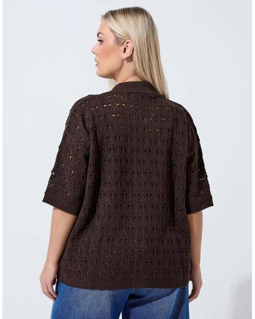 Yours Clothing Brown Button Through Crochet Shirt