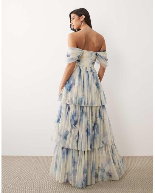 LACE & BEADS Multicolor Off The Shoulder Tulle Maxi Dress