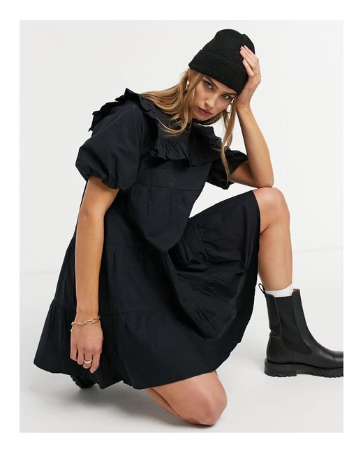 Warehouse Black Ruffle Bib Mini Dress