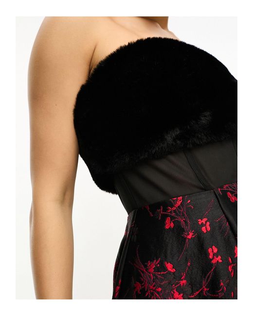 Robe courte avec buste en fausse fourrure et jupe corsetée effet cage - à fleurs rouges ASOS en coloris Black