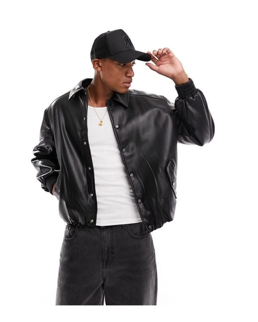 The Couture Club Black Faux Leather Bomber Jacket for men