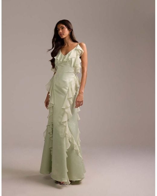 ASOS Natural Bridesmaids Satin Chiffon Ruffle Maxi Dress With Godet Skirt