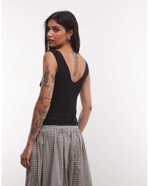 Reclaimed Vintage Black Linen Look V Neck Button Detail Top