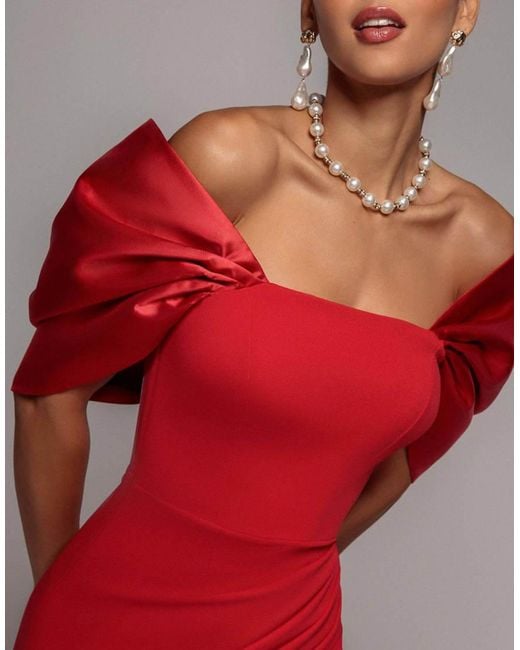 Goddiva Red Off Shoulder Back Satin Bow Wrap Crepe Midi Dress