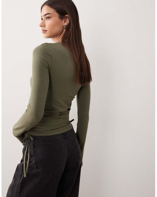 ASOS Green Ruched Tie Side Detailing High Neck Long Sleeve Top