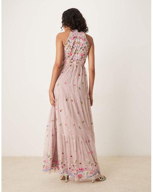 Maya Pink Halter Neck Embroidered Tie Maxi Dress