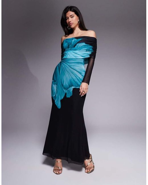 AFRM Blue Stretch Mesh Off The Shoulder Teal Flower Maxi Dress