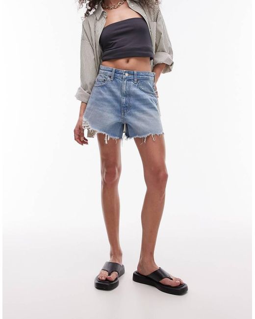 TOPSHOP Blue Denim A Line Rip Mom Shorts