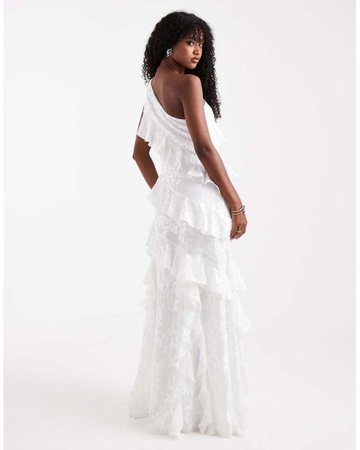 Six Stories White Bridal Asymmetric Ruffle Lace Maxi Dress