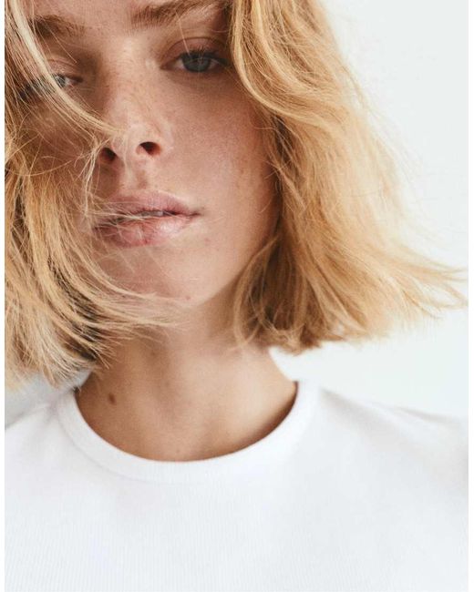 Pull&Bear White Ribbed Short Sleeve T-shirt