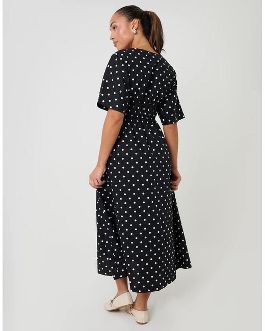 Threadbare Black Elasticated Waist Polka Dot Poplin Midi Dress