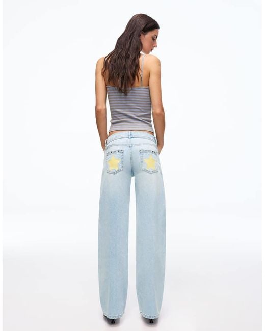Bershka Blue Petite Low-rise Studded baggy Jeans