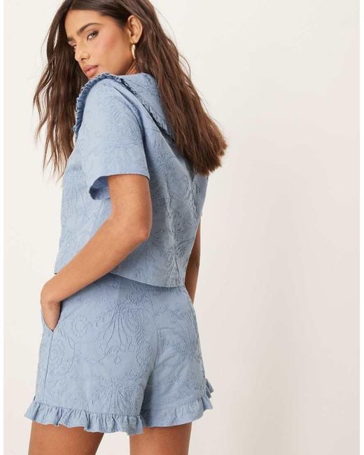 ASOS Blue Frill Hem Shorts With Floral Embroidery Co-ord