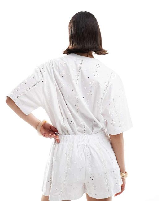 ASOS White Broderie Tie Waist Shorts With Lace Trim Inserts
