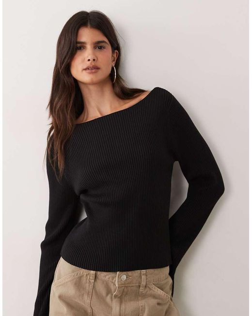 Miss Selfridge Black Rib Knit Slash Neck Flare Sleeve Top