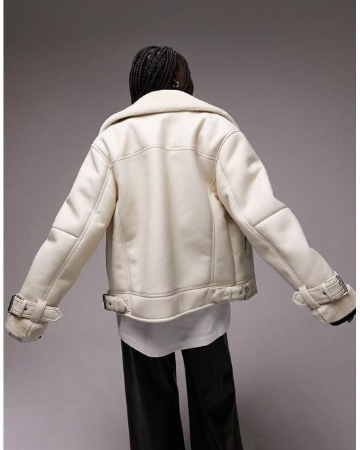 Faux Leather Shearling Aviator Biker Jacket in Gray Lyst