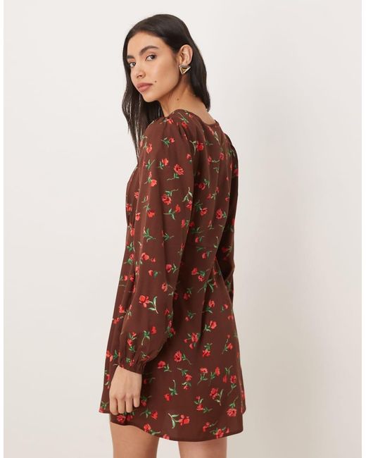 Wednesday's Girl Brown Floral Bardot Mini Dress