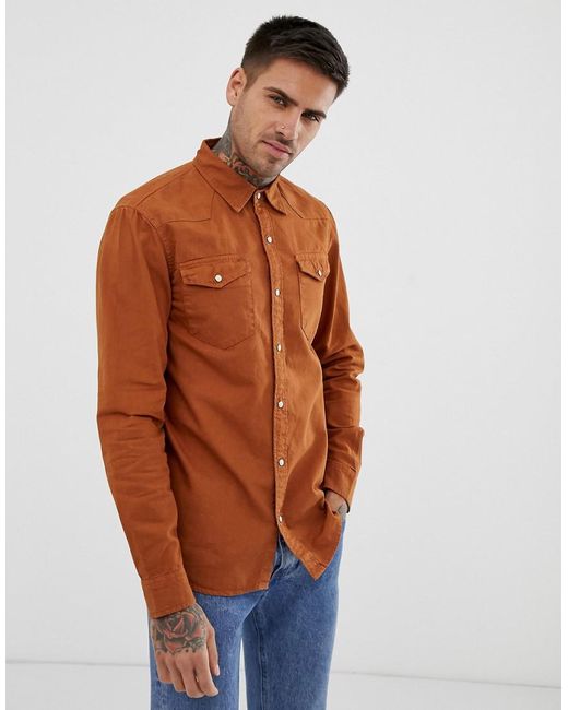 Pull Bear Denim Shirt In Rust in Orange for Men Lyst