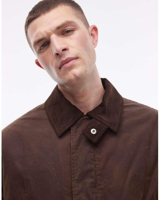 Topman Brown Wax Look Jacket With Faux Fur Collar for men