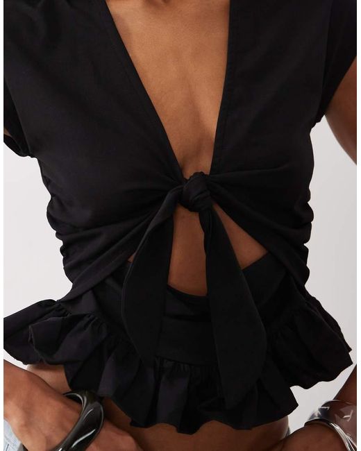ASOS Black Tie Front Cutout Top With Peplum Hem