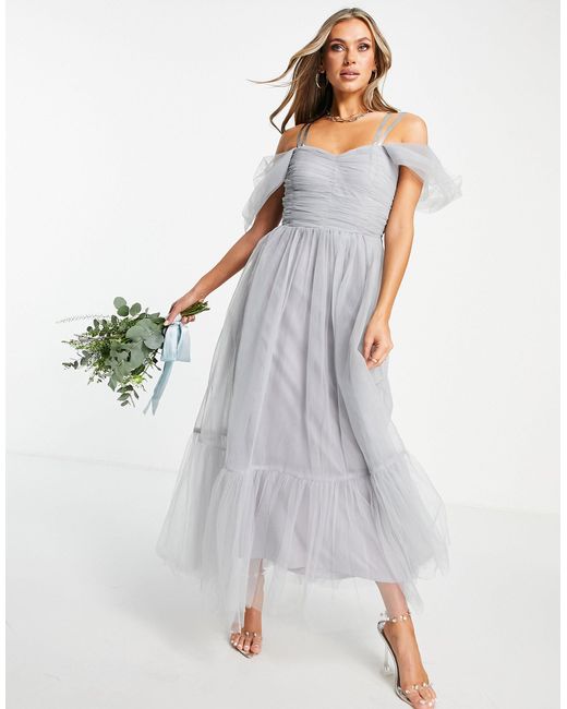LACE & BEADS Bridesmaid Alicia Cross Back Tulle Dress in Blue Lyst