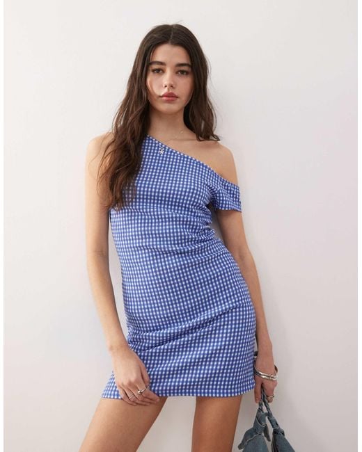 Collusion Blue Gingham Off Shoulder Mini Dress