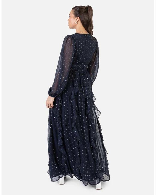 ANAYA Blue Faux Wrap Waterfall Ruffle Dobby Maxi Dress