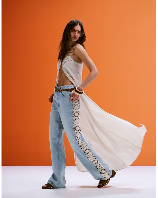 ASOS Orange Wide Leg Dad Jeans With Crochet Side Panel