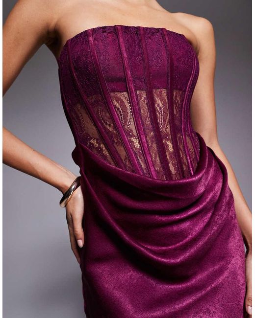 ASOS Red Lace Corset Detail Maxi Dress With Satin Draped Skirt