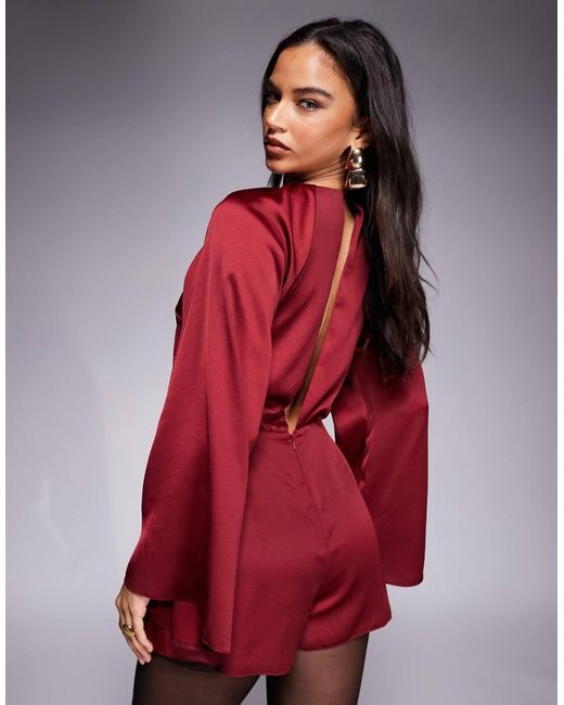 ASOS Red Satin Long Sleeve High Neck Romper