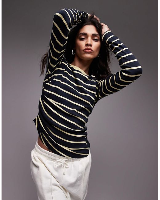 TOPSHOP Black Stripe Hitched Side Long Sleeve Top