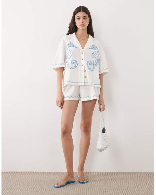 ASOS White Textured Jersey Revere Shirt Co-Ord With Seahorse Embroidery