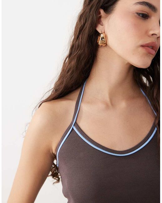 ASOS Black Ribbed V Neck Halter Top With Contrast Piping