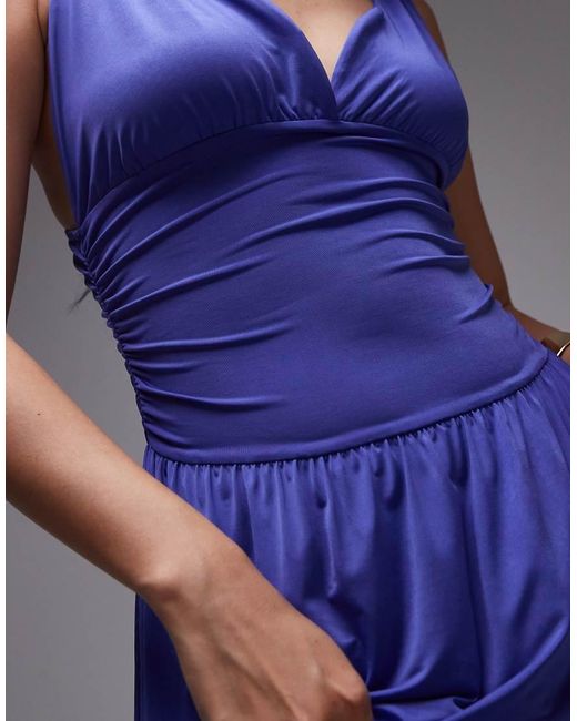 TOPSHOP Blue Ruched Waist Cami Maxi Dress