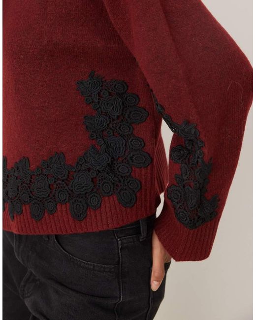 ASOS Red Lace Sleeve And Waist Placement Funnel Neck Jumper