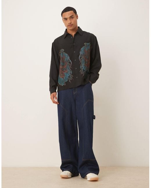 ASOS Black Oversized Square Collar Shirt With Dragon Print for men