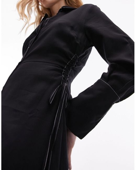 TOPSHOP Black Ruched Side Midi Shirt Dress