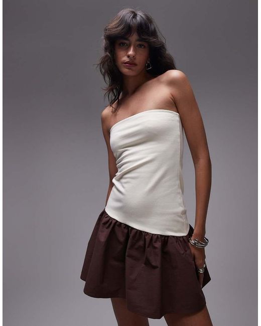 TOPSHOP Brown Bandeau Poplin Mix Mini Dress