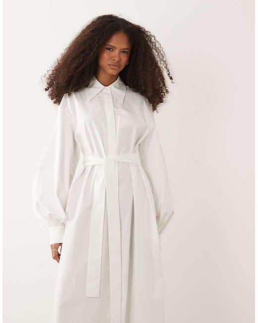 Iyal Natural Cotton Poplin Tie Waist Maxi Shirt Dress